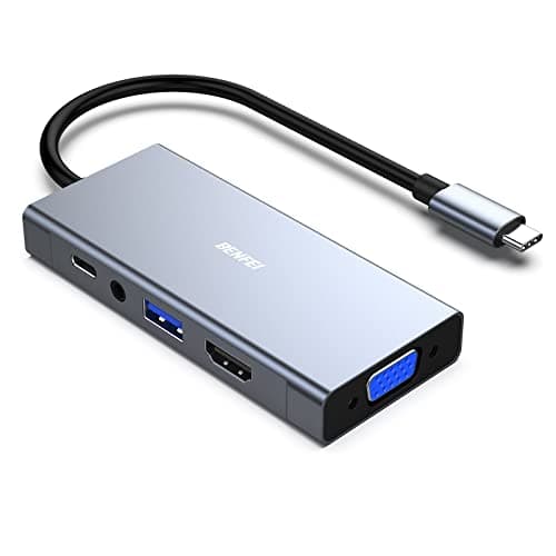 USB C HUB, Benfei 5-in-1 USB Type-C Hub with 4K HDMI VGA, USB 3.0, 3.5mm Audio and 60W PD, Compatible with MacBook Pro 2019/2018/2017, Surface Book 2, Dell XPS 13/15, Pixelbook and More Multiport hub
