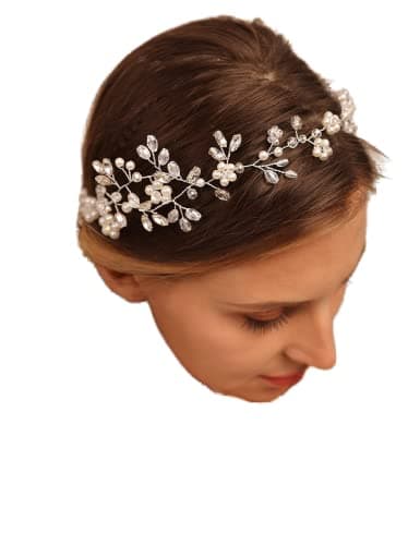 YERTTER Wedding Pearl Tiara Hair Vine Handmade Bride Hair Band Bridal Crystal Flower Headband Head Pieces for Wedding Prom Brithday Party, Pearl Hairband