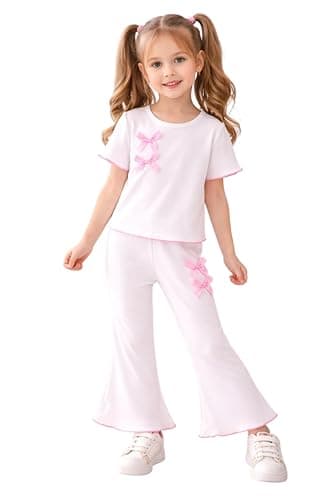 Miza Suit For Girls 2 Pieces, Half Sleeve T-Shirt & Wide Leg Pants With Bows, Summer Milton Elastic Cotton Coordinated outfit