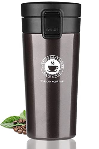 SKYTONE Double Wall 300ML Vacuum Insulated Stainless Steel Tea Coffee Mug Thermos Flask Travel Mug - Tumbler with Flip Lid Mesh Strainer Hot and Cold for 6 Hours (Black)