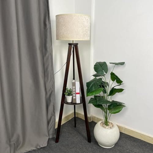 KARVA Floor Lamp with Built-in Shelf - 100% Natural Wood Standing Light with Linen Fabric Lampshade - Modern Decorative Tall Lamp - Available in Brown & Beige Wood (BROWN)