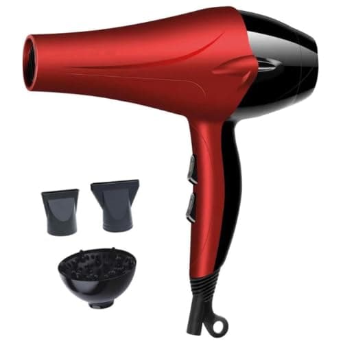 Professional Low Noise Hair Dryer with Intelligent Heat Control Technology for Hair Protection, with 2 Guide Nozzles and Diffuser Diffuser, Red in Black