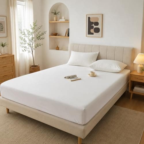 QBED Fitted Bed Sheet Set – Fitted Sheet with 2 Pillow Cases – Soft and Comfortable Fabric – Suitable for All Mattresses (Off White, 120 * 200 * 30) Flat sheet