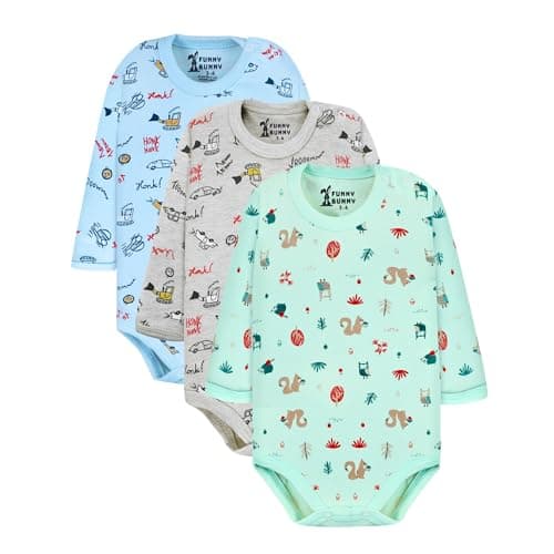 Funny Bunny Pack of 3 Cotton Printed Colors Long Sleeve Bodysuit for Baby Leotard