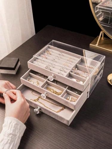 BEDAYA Acrylic Accessories Organizer with 3 Drawers, Clear Jewelry Boxes for Women Earrings Rings Bracelets Necklaces Multicolor Velvet Jewelry Display Case Jewelry storage