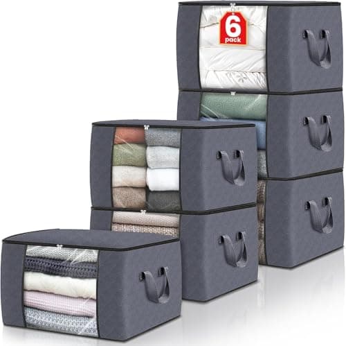 MoEnergy 90 L Large Storage Bags, 6 Pack Clothes Storage Bins Foldable Closet Organizers Storage Containers with Reinforced Handle for Clothing, Blanket, Comforters, Bed Sheets, Pillows and Toys Storage box