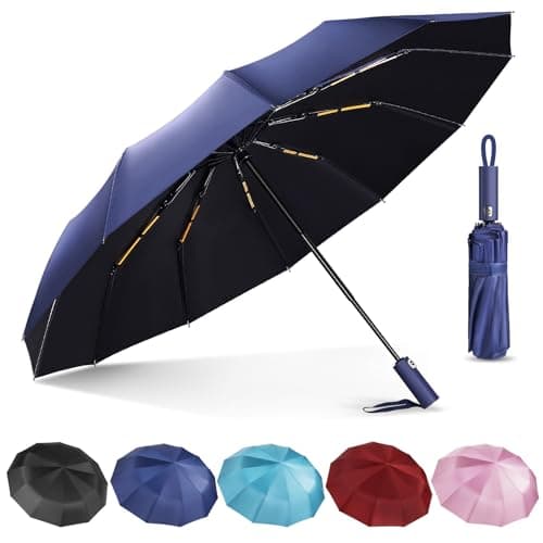 Lychico Windproof Travel Umbrella - Compact Automatic Folding, 12 Ribs Wind Resistant for Rain, Single Hand Use, Small, Light, Strong Backpack Umbrella, Navy