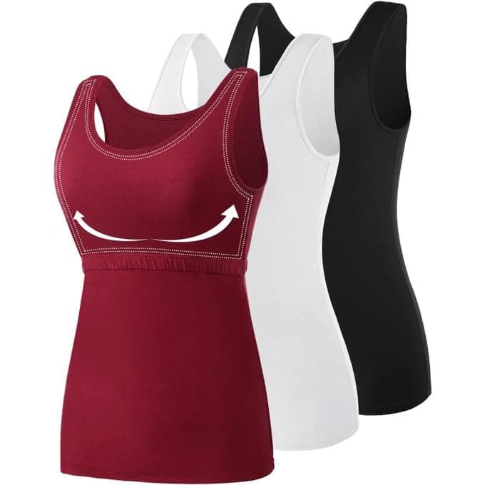 Mesery Set Of (3) Tank Tops For Women Built In Bra Shelf Bra Tanks Layering Undershirts Shirt