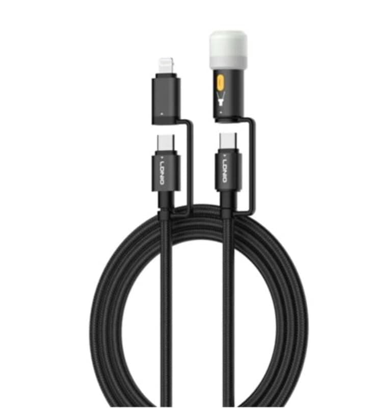 Ldnio LC19 65W Fast Charging Cable (USB-C To USB-C + Lightning) Power Delivery Cable with LED Light, High-Speed Data Sync Cord for Mobile Phones, Tablets, Laptops – Durable & Portable - Black Electronic cable
