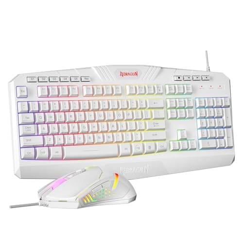 Redragon S101 Wired RGB Backlit Gaming Keyboard with Multimedia Keys Wrist Rest and Red Backlit Mouse Combo 3200 DPI for Windows PC Gamers (White) Keyboard mouse set