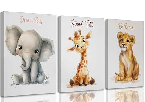HLEOXPY 3 Pcs Safari Animal Nursery Canvas Wall Art Inspirational Neutral Cute Lion Giraffe Elephant Kids Painting Picture Wall Decor Poster Print Artwork for Baby Boys and Girls Room Home Decoration