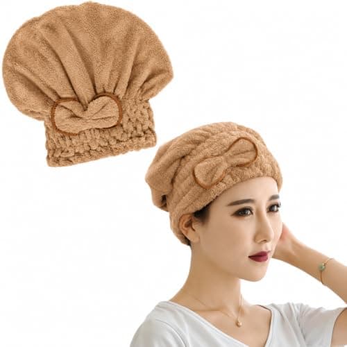 Hair Towel, Quick-Dry Microfiber Turban Cap for Wet and Curly Hair, Absorbent Lightweight Hair Drying Wrap for Women, 26 x 23 cm (Light Brown)
