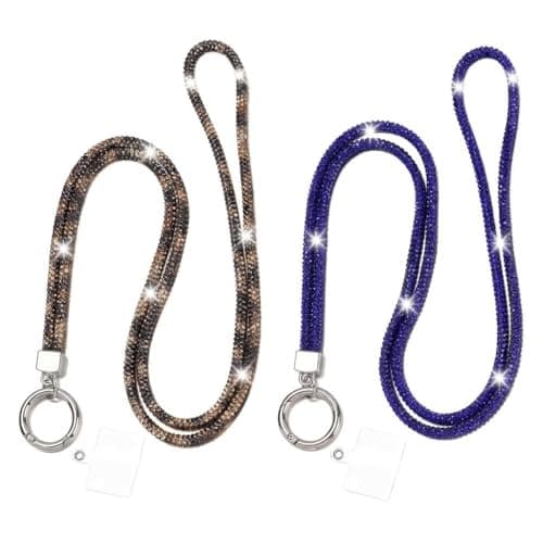 Pack of 2 Mobile Phone Chain, Glitter Mobile Phone Strap, Universal Lanyard, Glitter Mobile Phone Chain Hanging, Long Glitter for Mobile Phones, Cameras, Key Ring, ID Card Holder (Black/Gold& Blue) Body strap