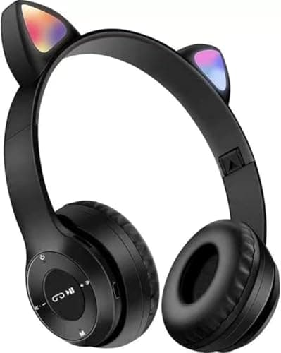 P47M CAT Cat Ear Bluetooth 5.0 Wireless Gaming Headset, LED Light Stereo Sound Stereo Headphones, RGB Colorful LED Light, Built-in Microphone, Support Memory Card (Black)