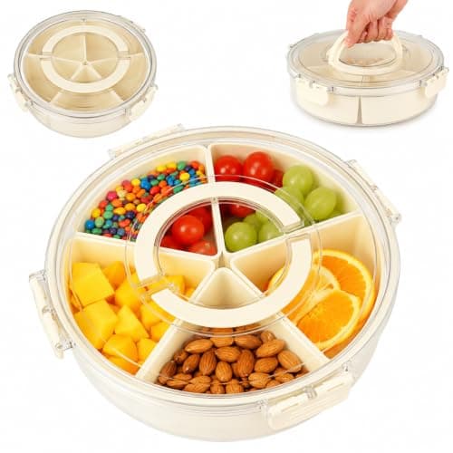 Round Nuts & Teasers Organizer with Clip-Lock Lid - 5 Removable Divided Serving Tray with Built-in Carry Handle for Fruits, Crackers, Desserts, Snacks