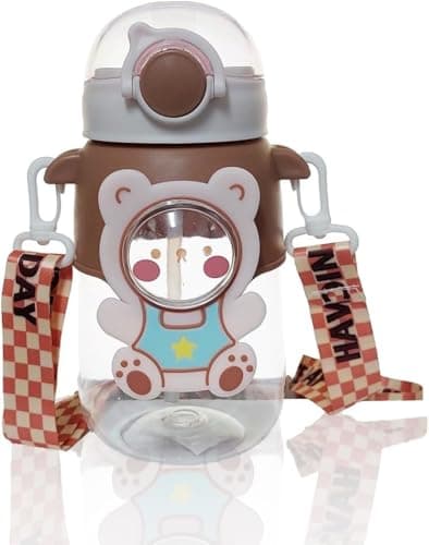 Water Bottle with Straw and Strap, 720ml Leakproof BPA Free Plastic Drinking Cup for Kids, School, Sports and Travel (Brown)
