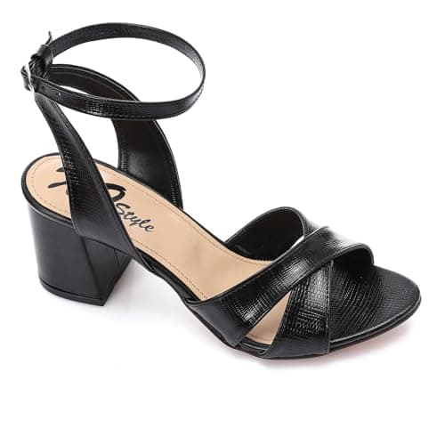 Xo Style Women's Black Mid-Heel Sandal with Ankle Strap - Elegant and Comfortable Design
