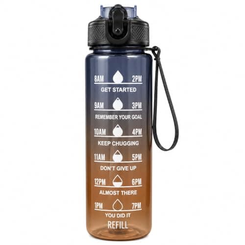 Water Bottle 1L with Time Markings and Carry Handle, Leak-Resistant Reusable Sports Bottle for Gym, Fitness, Work, School, Travel and Outdoor Use, FL-1263, Black & Orange