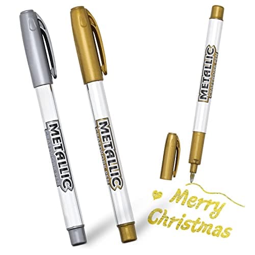 PROUSKY Gold Silver Ink Metallic Marker Pens, Shiny Highlight Pens Bling Writing Pen Glittering Permanent Gloss Wet Shine Effect Art for Card Making Painting Album (2pcs, Gold Silver) Marking pen