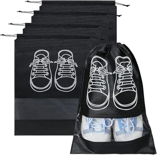 Circle M Travel Shoe Bags, 5-Pack with Transparent Window, Drawstring Dust-Proof Design, Black