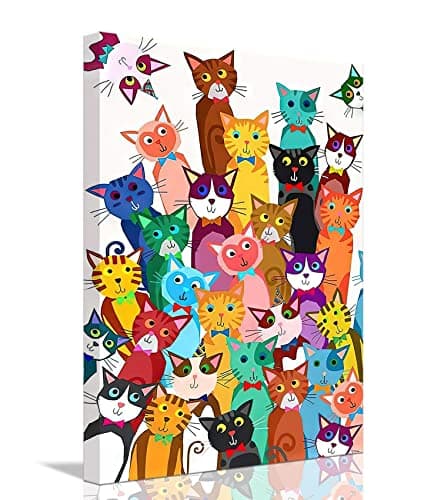Riveda Framed Cartoon Cat Canvas Wall Art Cute Smiley Cats Canvas Picture Funny Colorful Cat Wall Art Nursery Wall Decor Kid's Bedroom Poster12*16"