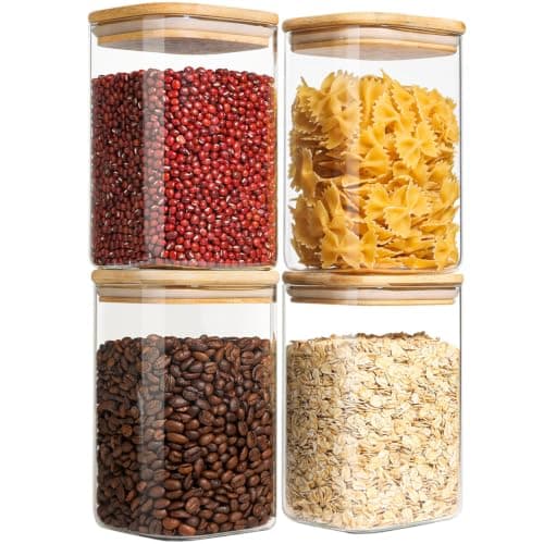 ComSaf Airtight Glass Storage Canister with Wood Lid (37oz), Clear Food Storage Container Jar with Sealing Bamboo Lid for Noodles Flour Cereal Rice Sugar Tea Coffee Beans, Square Set of 4