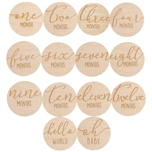Pearhead Wooden Monthly Milestone Photo Cards, Baby Announcement Cards, Pregnancy Journey Milestone Markers, 7 Double Sided Photo Prop Milestone Discs, Light Wood Baby product