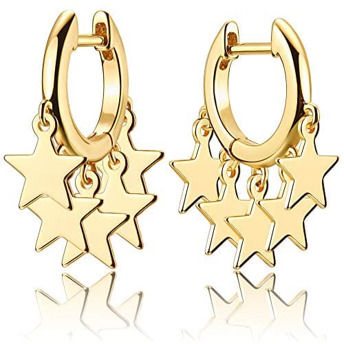 Mevecco Gold Tassel Huggie Hoop Earrings 18K Gold Plated Dainty Small Star Disc Cross Turquoise CZ Tassel Dangle Drop Huggy Sleeper Earrings for Women for Her