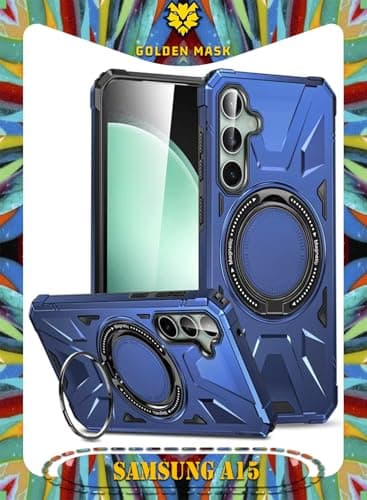 GOLDEN MASK For Samsung Galaxy A15 Case Magnetic Shockproof Phone Case with Ring Holder (Blue) Cellular phone case