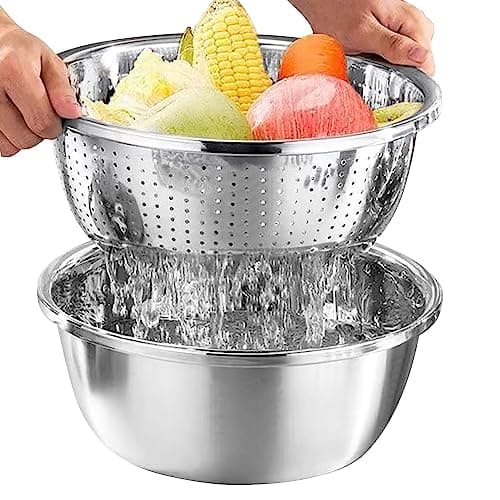 Kongming 304 Kitchen Strainer, Stainless Steel Pasta Sieve, Mixing Bowl Set, Rice Strainer, Stainless Steel Sieve, for Washing Vegetables, Fruit and Rice as well as Draining Boiled Pasta (22 cm) Food strainer