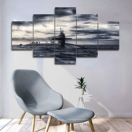 5 Pieces Modern Canvas Painting for Living Room Naval Soldier in Military Ship PIcture Submarine Boat Wall Art White and Black Artwork HD Prints House Decor Framed Giclee Ready to Hang(60''Wx32''H)