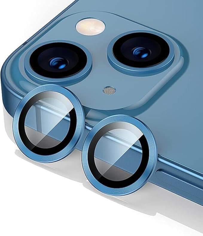 (2 sets)(Blue) Metal Full Cover +Tempered Glass Circle Camera Lens Protector for iPhone 13/13 mini,HD Camera Lens Screen Cover Case,9H Hardness Anti-Scratch Camera Screen Protective Lens Film