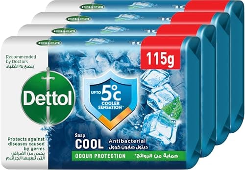 Dettol cool anti-bacterial bathing soap bar for effective germ protection, personal hygiene & odour protection , mint & bergamot fragrance, 4 pieces 115g @20% off Skin cleaning agent