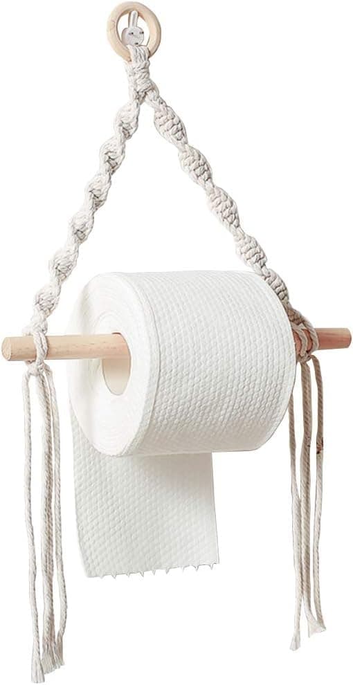 Macrame Toilet Paper Holder, Hanging Boho Wall Decor | Cotton Rope, Wooden Dowel, Bohemian Style, Wall Hanging, Bathroom Organiser