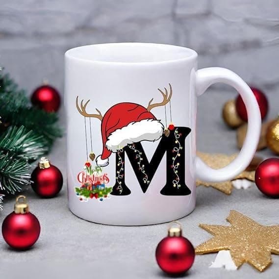 DAYS Christmas Alphabet Word Printed Ceramic Mug, Xmas Coffee Mug Gift for Kids Boy Girls (Letter M) Drinking cup