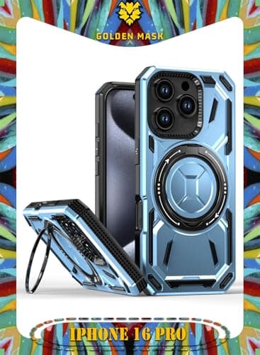 GOLDEN MASK For iPhone 16 Pro Armored II Series Magnetic Holder Phone Case (Blue) Cellular phone case