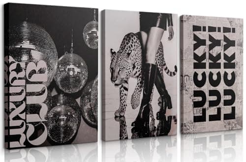 3Pcs Black Trendy Leopard Wall Art Fashion Cheetah Posters Funky Disco Ball Pictures Lucky Vintage Preppy Canvas Prints Luxury Aesthetic Wall Decor for Girly Bedroom Apartment Dorm(12x16in Canvas)
