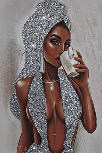 BKO African American Women Canvas Wall Art Decor,Women's Popular Canvas Painting,Black Woman Silver Glitter Textured Canvas Print ,16x24 inch,Unframed.