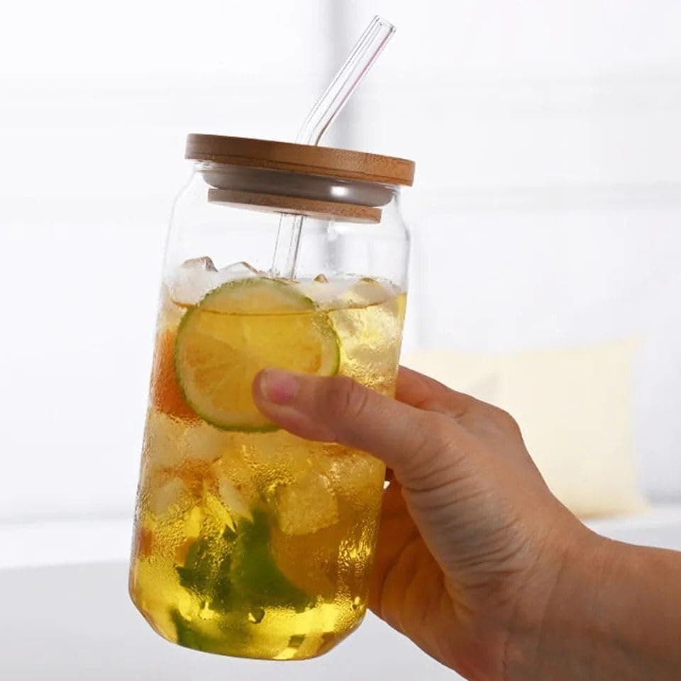 Mug with Wooden Lid and Straw Clear Glass Perfect Choice for Juices and Ice Coffee with Cannes Trendy All Time Design (1) Drinking cup