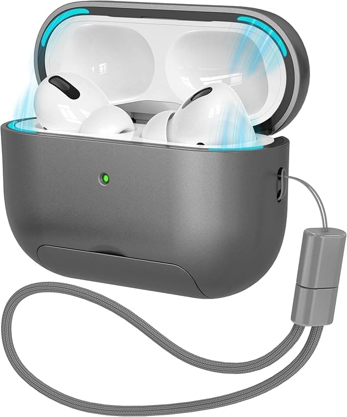 Cover AirPods Pro 2nd/1st Generation Case, Adjustable Non-Slip Kickstand, Fingerprint Resistant Coating, Full Drop Protection Cover with Lanyard, Black (Gray) Portable electronic device cover