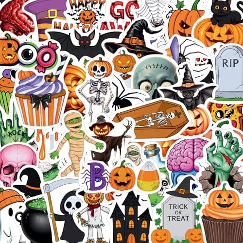 Halloween Stickers, Spooky Party Favors and Decorations | 50 PCS Halloween Stickers With Ghost, Pumpkin, Skull, Bat And Spider Designs For Trick Or Treat Bags, Crafts And Party Decor Sticker decal