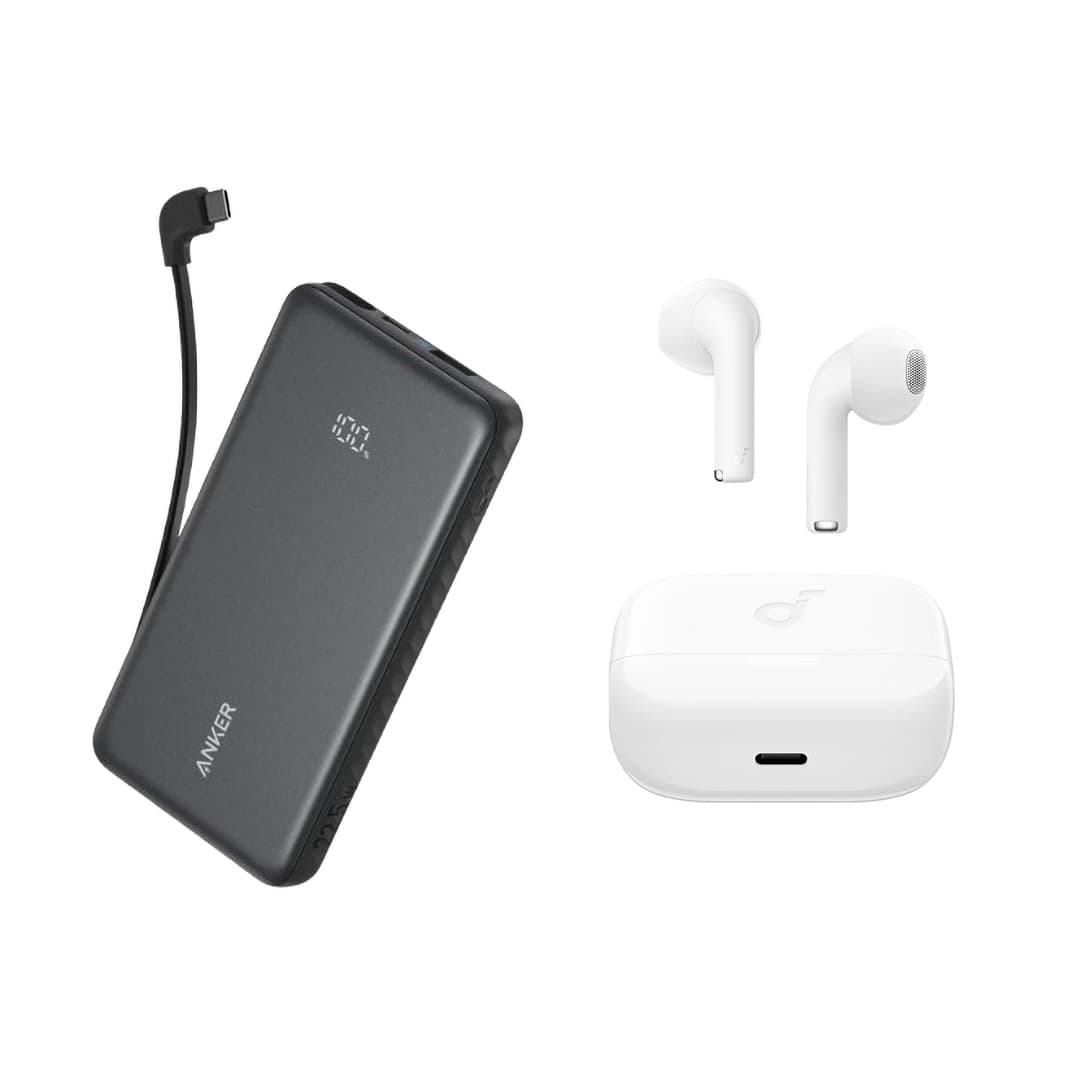 Anker Soundcore K20i Earbuds , White - A3994H11, with Anker Zolo Wired Power Bank with Built-in Cable , 10000 mAh 2 Ports , Black , A110DH11