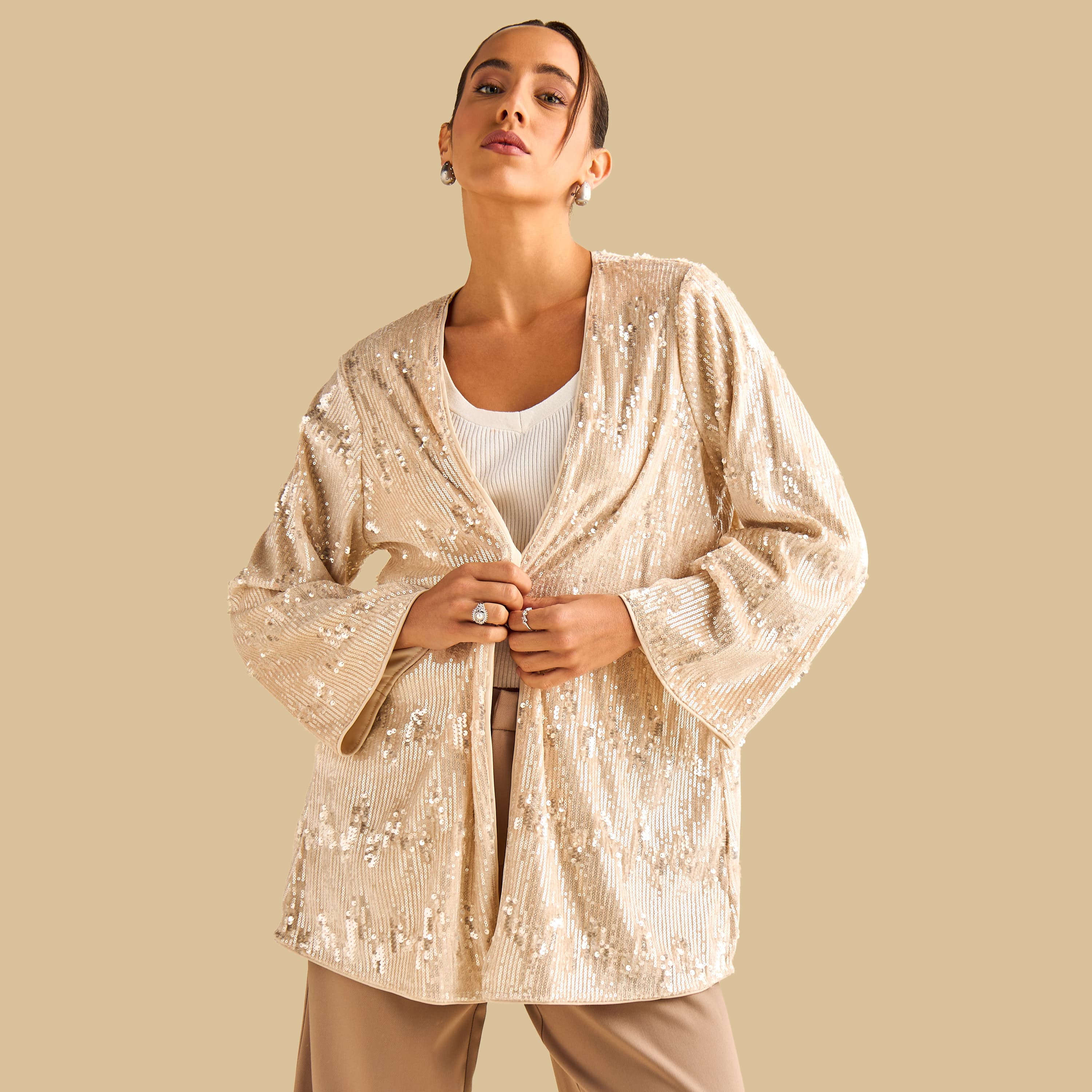 Sequin Embellished Longline Shrug Clothing