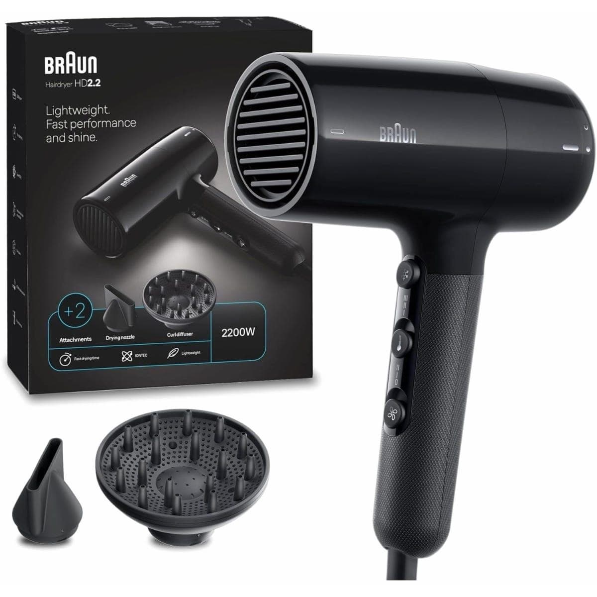 Braun HD2.2 Hair Dryer, 2200 Watt, Black - BRHD225E ( International Warranty )