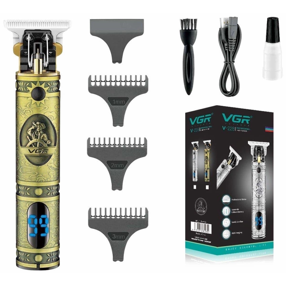 VGR Professional Digital Rechargable Hair Trimmer, Gold - V-228 ( International Warranty )