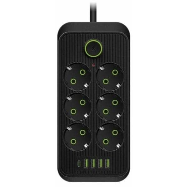 Multifunctional Power Strip, 6 Sockets, 4 USB-A + Type-C Ports, 2 Meter, 2500 Watt, Black - 606U