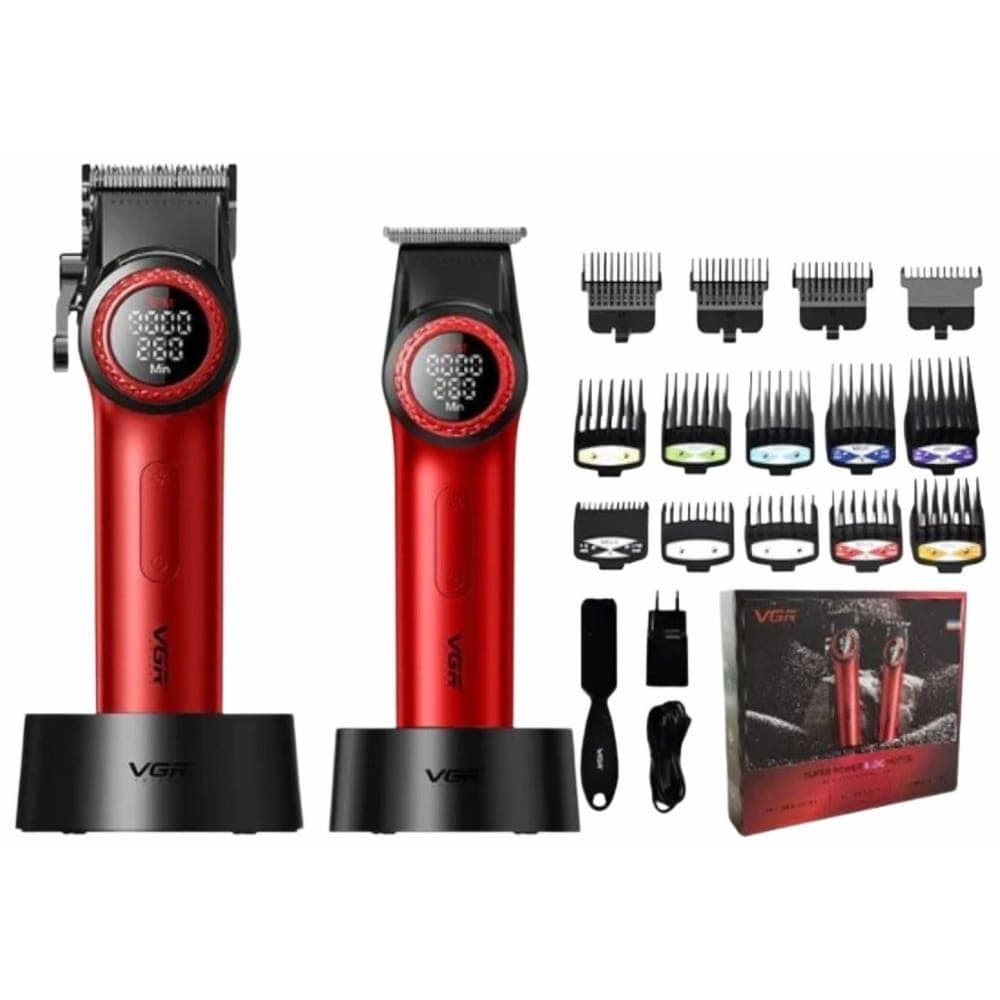 VGR Professional Barber Series Combo Rechargeable Hair Trimmer & Clipper Kit, Red - V-001 Pro & V-977