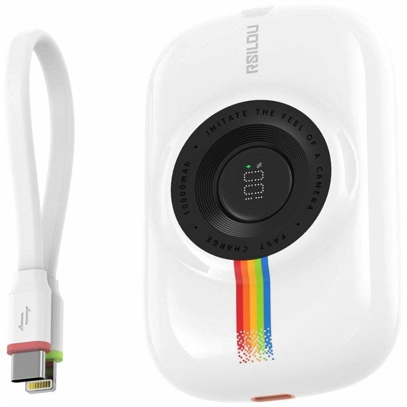Rsilou Digital Wired Power Bank With Built In Type-C And Lightning Cables, 10000 mAh, 1 Port, USB-C, White - R1016-001