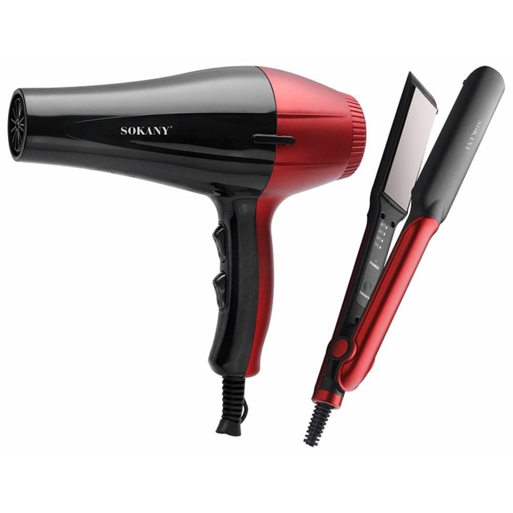 Set Of Sokany Hair Dryer 2400 Watts And Hair Straightener 230°C, Black Red - SK-14044