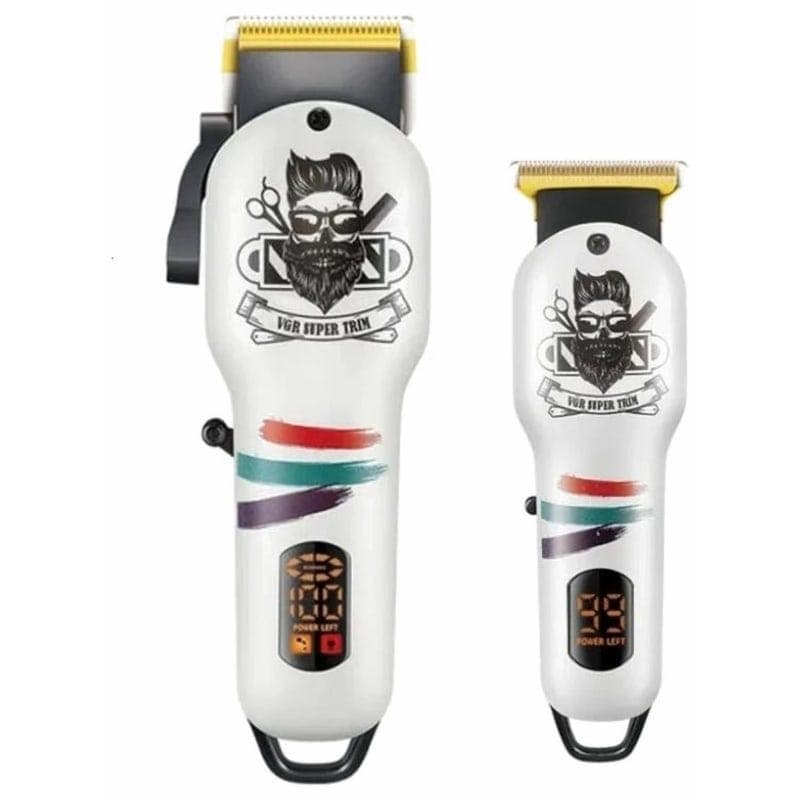 VGR Professional Rechargeable Digital Hair Clipper & Trimmer Set, White - V-699 & V-971